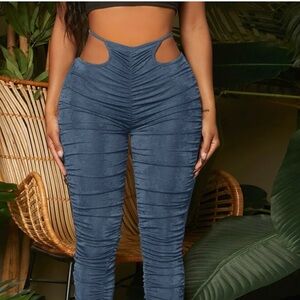 Stretchy Blue Ruched Women's Pants